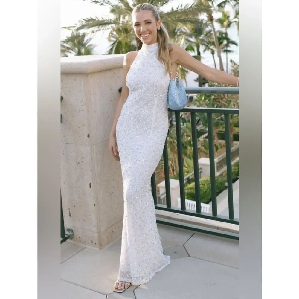 Retrofete Olivia Sequin Maxi Long Dress in White Size XL NWT
